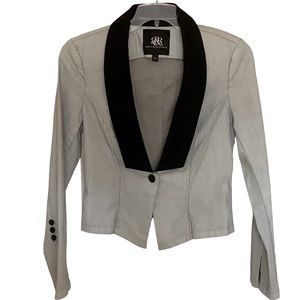 Rock and Republic Tuxedo style denim jacket, light gray denim w/  black collar